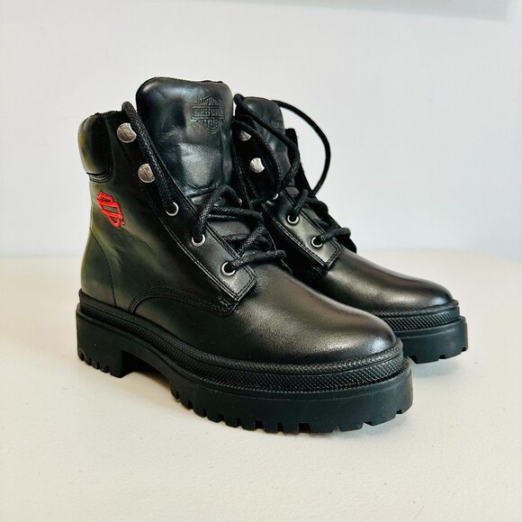 HARLEY DAVIDSON TRESSLER BLACK WITH RED HD LOGO LEATHER BOOTS D87288 - Picture 1 of 9